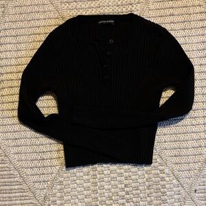 Black Ribbed Henley Long Sleeve Top
